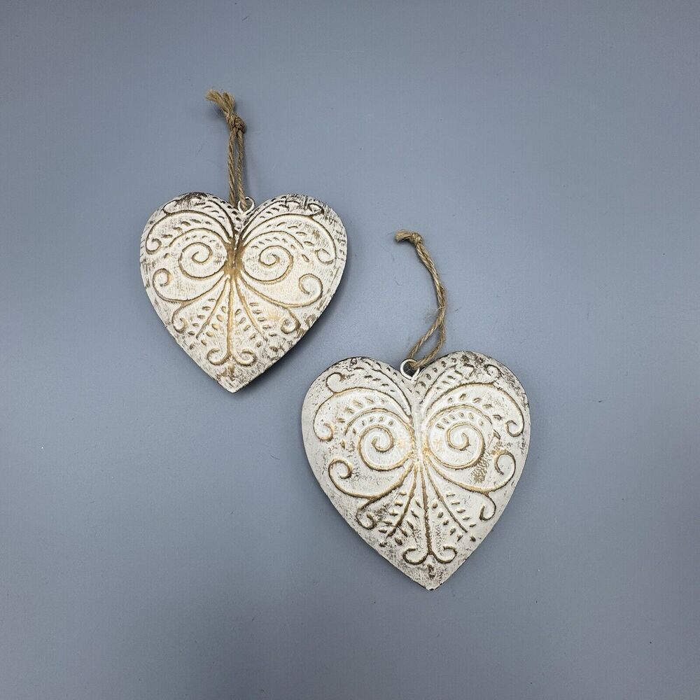 Vtg Pair of Metal Tin Heart Ornaments Christmas Valentines Cottagecore Farmcore